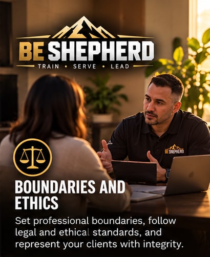 Boundaries and Ethics Training. Set professional boundaries, follow legal and ethical standards, and represent your clients with integrity. A Be Shepherd trainer in conversation with a client at a desk.