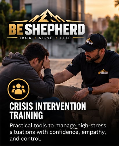 Crisis Intervention Training. Practical tools to manage high-stress situations with confidence, empathy, and control. A Be Shepherd trainer comforting a distressed man.