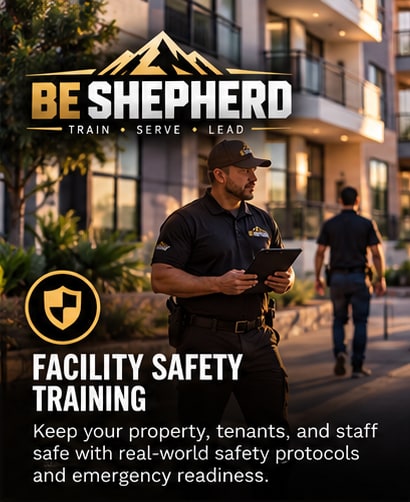 Facility Safety Training. Keep your property, tenants, and staff safe with real-world safety protocols and emergency readiness. A Be Shepherd staff member with a tablet walking a residential property.