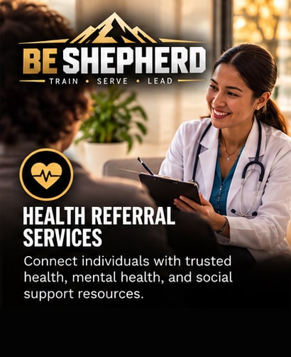 Health Referral Services. Connect individuals with trusted health, mental health, and social support resources. A smiling health professional talking with a client.