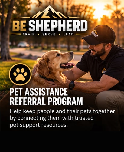 Pet Assistance Referral Program. Help keep people and their pets together by connecting them with trusted pet support resources. A Be Shepherd staff member petting a golden retriever.